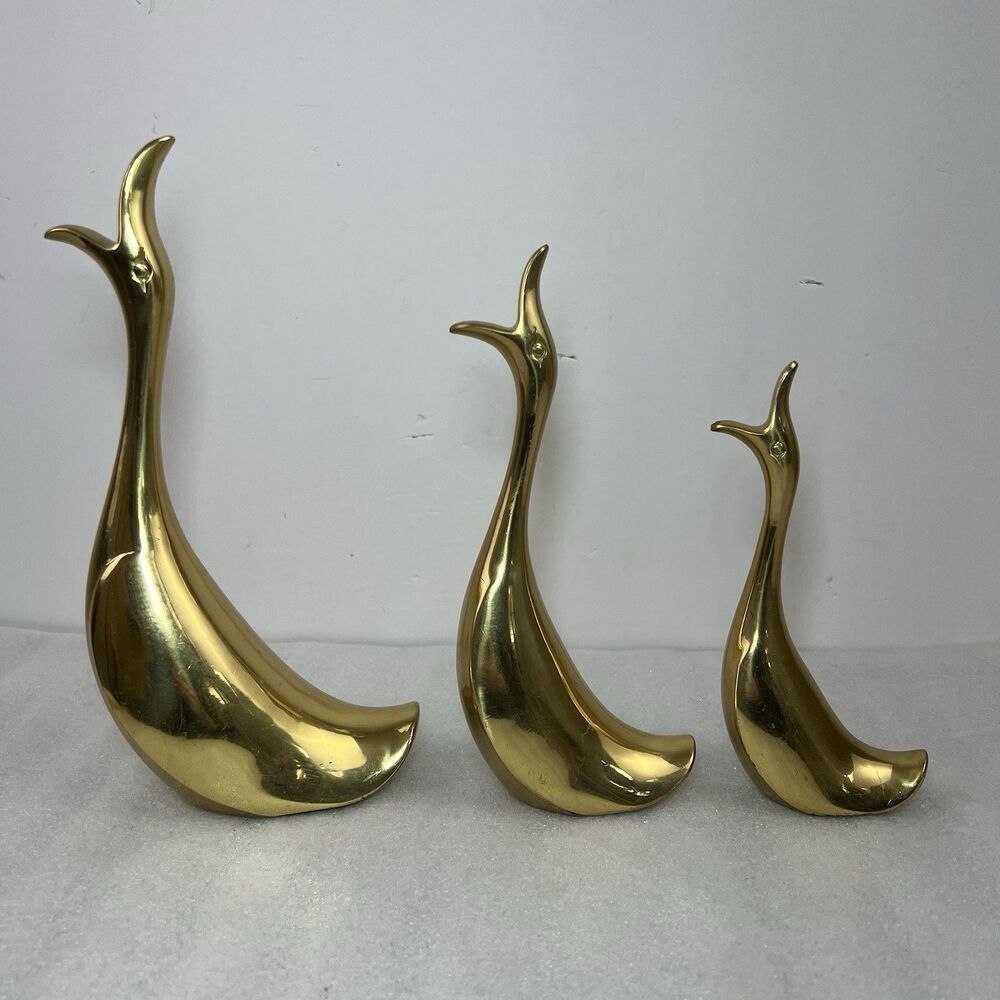 DL Italy Vtg Solid Brass Swan Goose Statue Set of 3 MCM Hollywood Regency Decor
